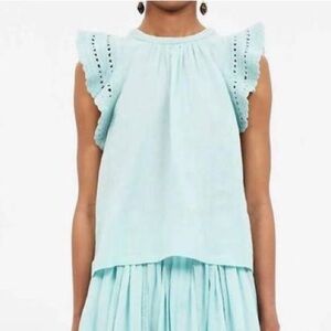 ULLA JOHNSON Kai Top Bryl Sky Blue Aqua Shirt Size 2 Cotton Crochet Flutter Slee